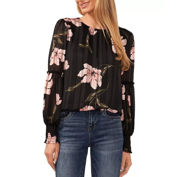 CeCe NWT Womens M Floral Long Balloon Sleeve Ruffle Blouse‎ Smocked Ruched Cuffs - Picture 1 of 13
